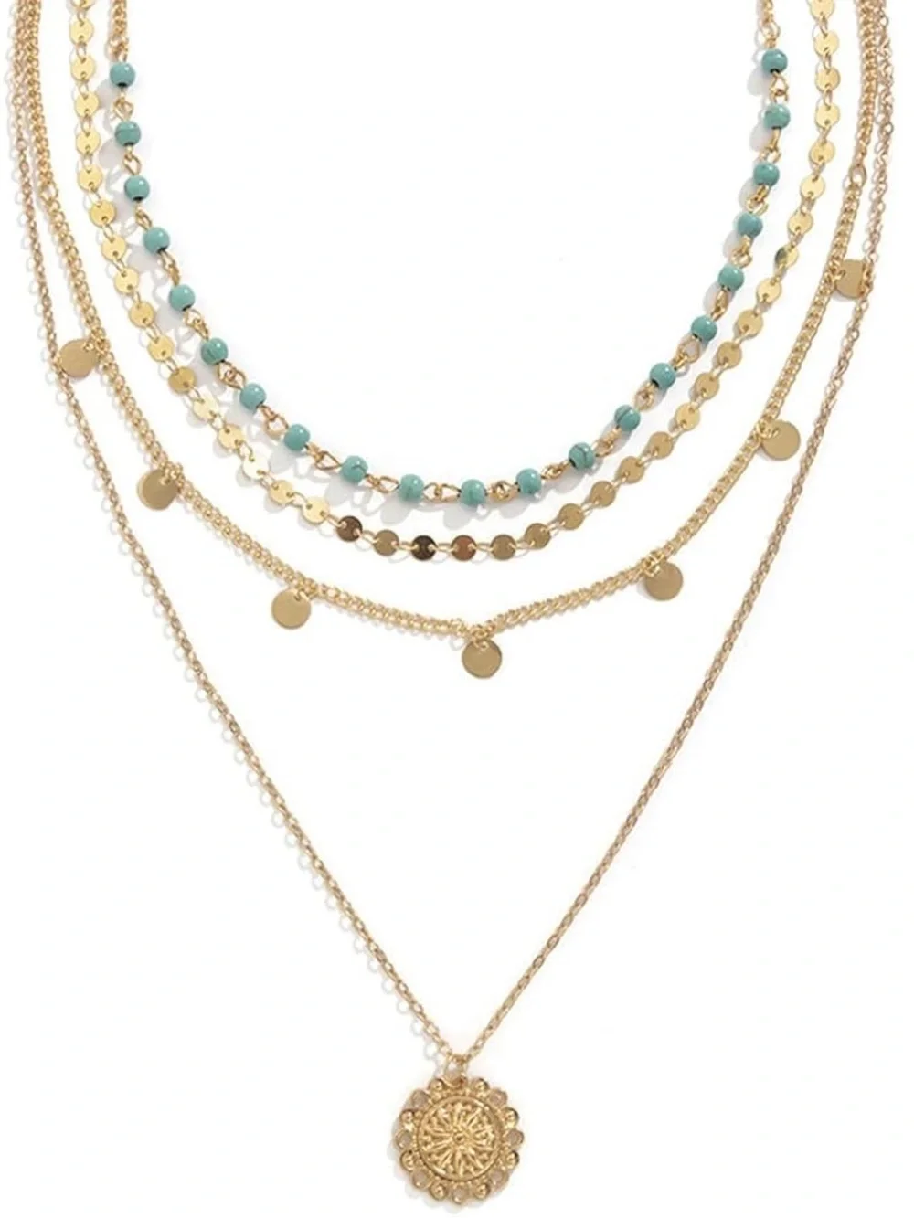 Anthropologie Gold Layered Medallion Necklace with Turquoise Beads